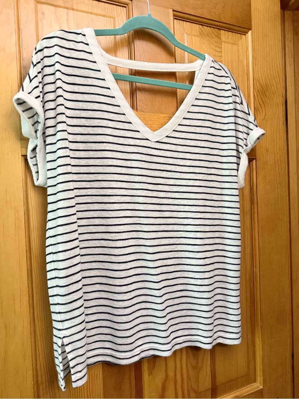 LOFT Black & White Striped Tee | Soft Modal V-Neck V-Back Top | Size Large